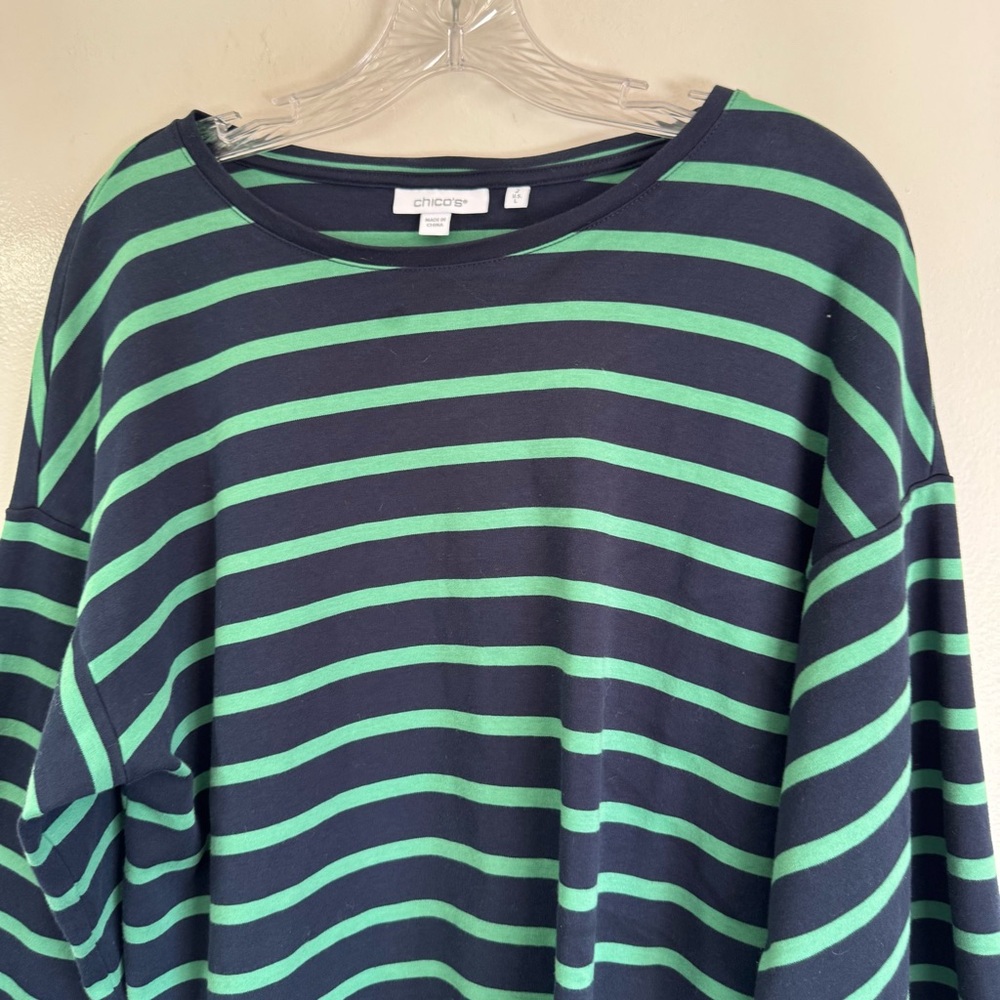 Chico's 100% Cotton Green/Blue Striped Wide-Sleeve Drop-Shoulder T-Shirt 2 (L) - Picture 5 of 11